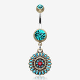 Vintage Boho Sahasrara Chakra Belly Button Ring-Brass/Teal/Red