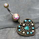 Detail View 2 of Vintage Boho Filigree Turquoise Heart Belly Button Ring-Brass/Aurora Borealis/Turquoise