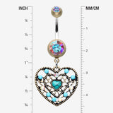 Detail View 1 of Vintage Boho Filigree Turquoise Heart Belly Button Ring-Brass/Aurora Borealis/Turquoise