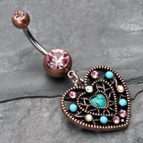 Detail View 2 of Vintage Boho Filigree Turquoise Heart Belly Button Ring-Copper/Pink/Turquoise