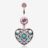 Vintage Boho Filigree Turquoise Heart Belly Button Ring-Copper/Pink/Turquoise
