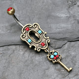 Detail View 2 of Vintage Boho Victorian Lock and Key Belly Button Ring-Brass/Red/Turquoise