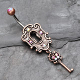 Detail View 2 of Vintage Boho Victorian Lock and Key Belly Button Ring-Copper/Pink/Aurora Borealis