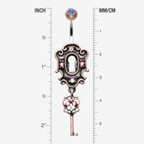 Detail View 1 of Vintage Boho Victorian Lock and Key Belly Button Ring-Copper/Pink/Aurora Borealis
