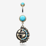 Vintage Boho Sun & Moon Belly Button Ring-Brass/Turquoise