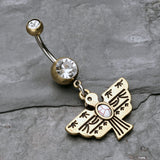 Detail View 2 of Vintage Boho Aztec Thunderbird Mural Belly Button Ring-Brass/Clear/White