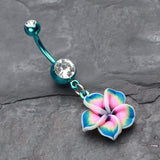 Detail View 2 of Colorline Hawaiian Plumeria Flower Belly Button Ring-Teal/Clear