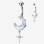 Iridescent Aurora Crescent Moon Sparkle Star Dangle Belly Button Ring