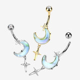 Detail View 1 of Iridescent Aurora Crescent Moon Sparkle Star Dangle Belly Button Ring-Clear Gem