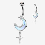 Iridescent Aurora Crescent Moon Sparkle Star Dangle Belly Button Ring-Clear Gem