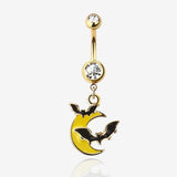 Golden Dark Night Bat Crescent Moon Dangle Sparkle Belly Button Ring