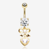 Golden Coquette Bow-Tie Heart Sparkle Dangle Belly Button Ring