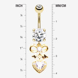 Detail View 1 of Golden Coquette Bow-Tie Heart Sparkle Dangle Belly Button Ring-Clear Gem
