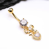 Detail View 2 of Golden Coquette Bow-Tie Heart Sparkle Dangle Belly Button Ring-Clear Gem