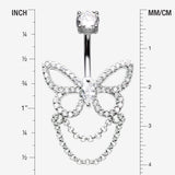 Detail View 1 of Grand Butterfly Sparkle Chained Belly Button Ring-Clear Gem