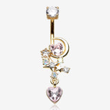 Golden Celestial Moon Star Sparkle Heart Dangle Belly Button Ring-Aurora Borealis