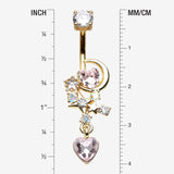 Detail View 1 of Golden Celestial Moon Star Sparkle Heart Dangle Belly Button Ring-Aurora Borealis