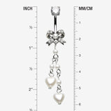 Detail View 1 of Dainty Bow-Tie Pearlescent Hearts Dangle Belly Button Ring-Clear Gem/White