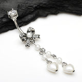 Detail View 2 of Dainty Bow-Tie Pearlescent Hearts Dangle Belly Button Ring-Clear Gem/White