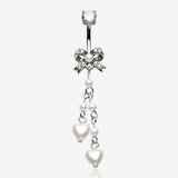 Dainty Bow-Tie Pearlescent Hearts Dangle Belly Button Ring