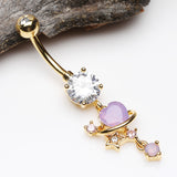 Detail View 2 of Golden Planet Heart Sparkle Orbital Dangle Belly Button Ring-Lavender