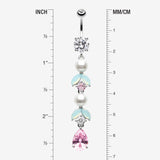 Detail View 1 of Pastel Lumi Pearlescent Dangle Leaf Drop Belly Button Ring-Clear Gem/Pink