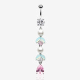 Pastel Lumi Pearlescent Dangle Leaf Drop Belly Button Ring-Clear Gem/Pink