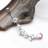 Detail View 2 of Pastel Lumi Pearlescent Dangle Leaf Drop Belly Button Ring-Clear Gem/Pink