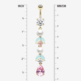 Detail View 1 of Golden Pastel Lumi Pearlescent Dangle Leaf Drop Belly Button Ring-Clear Gem/Pink