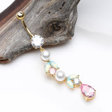 Detail View 2 of Golden Pastel Lumi Pearlescent Dangle Leaf Drop Belly Button Ring-Clear Gem/Pink