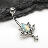Detail View 2 of Divine Lotus Sparkle Dangle Belly Button Ring-Clear Gem/Pacific Opalite