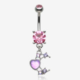 Love Heart Crescent Moon Sparkle Dangle Belly Button Ring-Pink