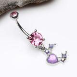Detail View 2 of Love Heart Crescent Moon Sparkle Dangle Belly Button Ring-Pink