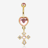 Golden Pink Heart Sparkle Cross Dangle Belly Button Ring