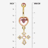 Detail View 1 of Golden Pink Heart Sparkle Cross Dangle Belly Button Ring-Pink/Clear Gem