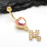 Detail View 2 of Golden Pink Heart Sparkle Cross Dangle Belly Button Ring-Pink/Clear Gem
