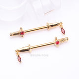 Detail View 1 of A Pair of Golden Sparkle Dagger Dangle Nipple Barbell Ring-Red