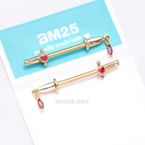 Detail View 3 of A Pair of Golden Sparkle Dagger Dangle Nipple Barbell Ring-Red