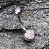 Detail View 2 of Opalite Double Gem Ball Steel Belly Button Ring-Rose Water