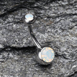 Detail View 2 of Opalite Double Gem Ball Steel Belly Button Ring-White