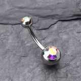 Detail View 2 of Double Gem Ball Steel Belly Button Ring-Aurora Borealis