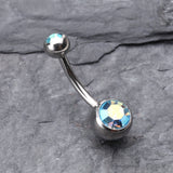 Detail View 2 of Double Gem Ball Steel Belly Button Ring-Aqua/Aurora Borealis