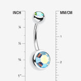 Detail View 1 of Double Gem Ball Steel Belly Button Ring-Aqua/Aurora Borealis