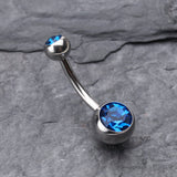 Detail View 2 of Double Gem Ball Steel Belly Button Ring-Capri Blue