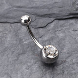 Detail View 2 of Double Gem Ball Steel Belly Button Ring-Clear Gem