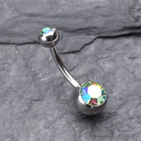 Detail View 2 of Double Gem Ball Steel Belly Button Ring-Light Green/Aurora Borealis
