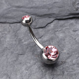 Detail View 2 of Double Gem Ball Steel Belly Button Ring-Light Pink