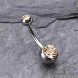 Detail View 2 of Double Gem Ball Steel Belly Button Ring-Peach