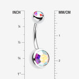 Detail View 1 of Double Gem Ball Steel Belly Button Ring-Pink/Aurora Borealis
