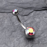 Detail View 2 of Double Gem Ball Steel Belly Button Ring-Pink/Aurora Borealis